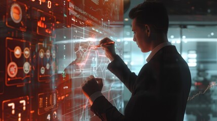The businessman analyzing holographic data