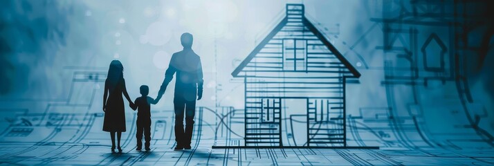 A father and his children stand in front of an architectural blueprint, dreaming of their future home. The image represents protection, dreams, and the foundation of a family.
