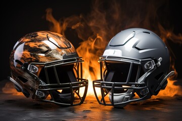 Fototapeta premium Two american football players face to face in silhouette shadow on dark background