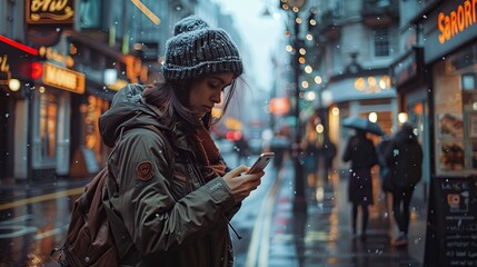 Obraz premium Girl Checking Phone on Busy Street