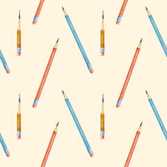Pattern with colored pencils on a beige background. Back to school. Seamless pattern with watercolor illustrations of pencils, school, study, university, class.
