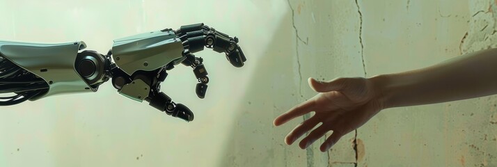 A robotic hand and a human hand are reaching out towards each other, symbolizing the connection and interaction between technology and humanity in a modern setting.