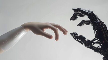 A serene image depicting a human hand gently reaching towards a robotic hand, illustrating the delicate relationship between organic life and machinery.