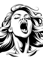 Obraz premium A woman with long hair is screaming. The image is black and white. The woman's mouth is open and her eyes are closed