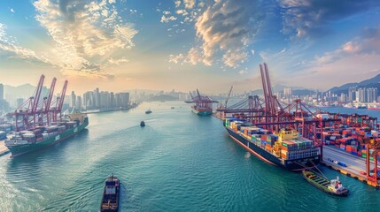 Fototapeta premium major port with towering cranes loading and unloading containers from massive cargo ships, a symphony of activity against a backdrop of clear blue skies and distant cityscape, capturing the scale 
