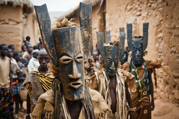 Dogon procession with dancers wearing the tall, narrow Sirige masks, which symbolize the continuity of life and the ancestral lineage. The elongated masks tower over the dancers, creating an imposing 