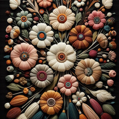 This image captures the essence of traditional embroidery, showcasing a vibrant and colorful display of floral designs. Spanish textile, floral pattern, 
flowers, creativity, diversity