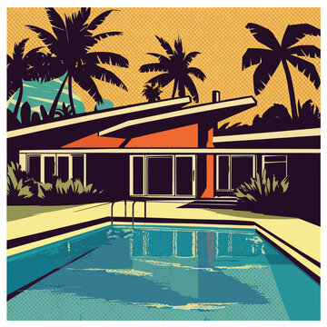 Landscape with swimming pool and mid-century house in the first plan and trees and palms in the background. Handmade drawing vector illustration. Pop Art style