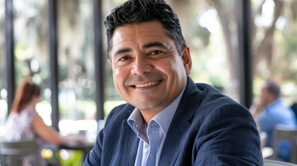 A man wearing a blue suit smiles at the camera while sitting at a table in a restaurant
