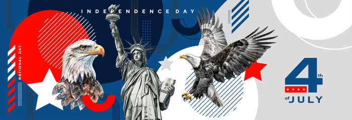 US Independence Day horizontal banner. Stylish designs with painted and traced Statue of Liberty, national eagle and geometric shapes. 4th of July, National Day