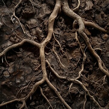 network of roots from different plants intertwining beneath the surface of nutrient-rich soil, highlighting the symbiotic relationships and mutual support found in natural ecosystems