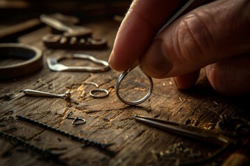 silversmith meticulously crafting a piece of jewelry. The image captures the silversmith's hands holding a delicate silver ring with a pair of fine pliers, while intricate tools and half-finished 