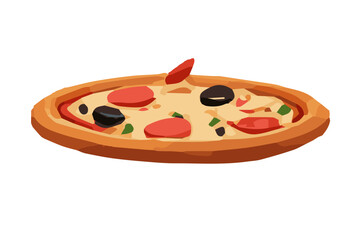 Italian pizza with tomato, sausage, pepperoni and mushrooms. top view. pizza with slice. Vector illustration in flat style