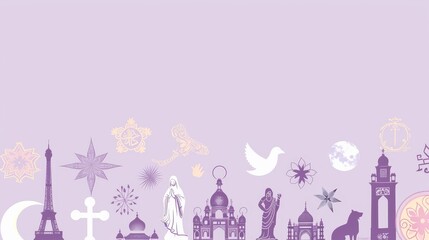 Various religious and spiritual symbols on lavender. - An artistic representation of various religious and spiritual symbols placed on a lavender background, aiming to promote unity and inclusivity 