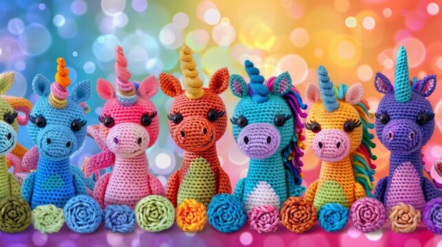 Colorful crocheted amigurumi unicorns in a rainbow of hues, arranged in a cheerful row