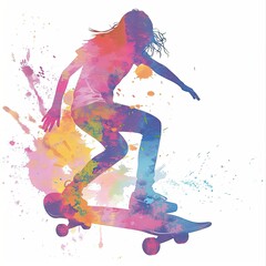 a skateboarder in action, painted in a vibrant watercolor style with colorful splashes highlighting the intensity and movement on a white background.