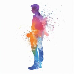 A man standing is illustrated in a dynamic watercolor style, with energetic splashes of color on a white background, conveying an artistic and lively atmosphere.