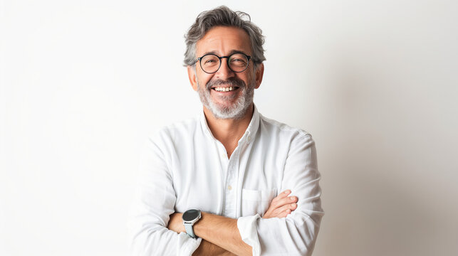A man with glasses and a white shirt is smiling and posing for a picture. He is wearing a watch on his left wrist