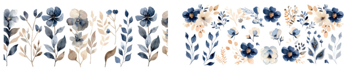 Isolated on white background, watercolor design elements of roses collection garden with navy blue flowers, leaves, and gold branches.