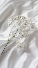 A close-up of a sprig of white flowers, delicately placed on a white sheet. The soft, light colors create a tranquil and serene atmosphere