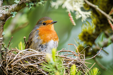 Fototapeta premium Small wild Robin bird sitting in nest