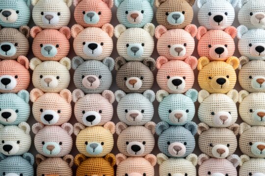  Rows of crocheted amigurumi teddy bears in pastel colors, each with detailed stitches