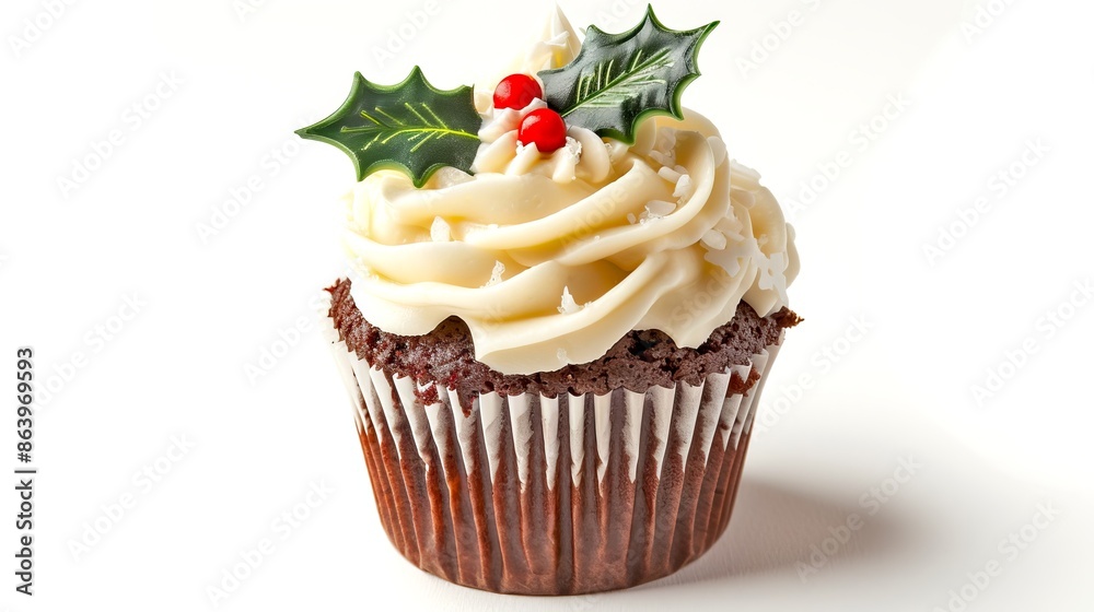 Wall mural Festive cupcake with creamy frosting and holiday decorations. Perfect for Christmas and winter celebrations. Ideal for holiday-themed stock photos. Image created using AI.