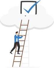 Businessman standing on cloud. High stage of career ladder. Confident candidate climbing up. Achievement of goal, mark on successful completion of task or stage. Job motivation. Vector illustration
