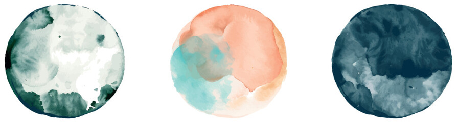 Fototapeta premium Watercolor circle shapes in green, pink, and grey on white background. Hand drawn modern color splashes.