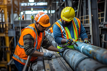Industrial workers in safety vests and hard hats collaborating on a project.&nbsp;