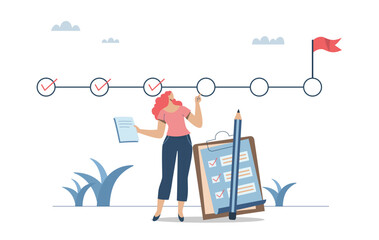 Monitoring and inspecting important project work, Checking the progress of the project, Project management timeline planning, Female project manager with data checking project progress.