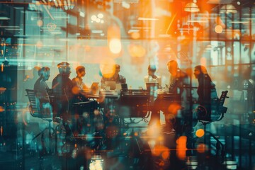 Business Team Meeting with Futuristic Technology Overlay