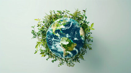 Planet Earth surrounded by green plants on white background