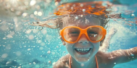 Fototapeta premium Child Smiling Underwater with Orange Goggles