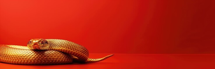 Happy Chinese New Year 2025: Golden snake coiled on fiery red background, symbolizing the Year of the Snake. Ideal for zodiac-themed designs, cultural celebrations, and festive decorations.