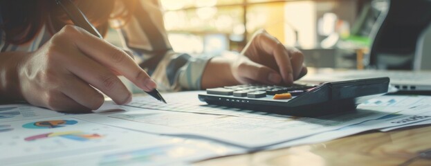 Businesswoman Using Calculator Analyzing Financial Documents