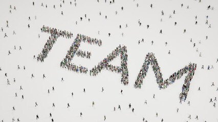 Large group of people stand together and forming Team word, Diversity of men and women worker unite in public workplace, crowd of corporate businessman organize community teamwork 3d rendering