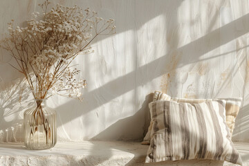Boho Style Product Display on Beige Wooden Background with Glass Vase and Dried Flowers