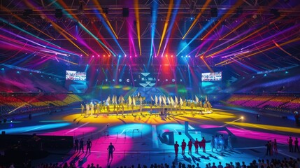 Spectacular arena event with vibrant lights, colorful laser show, and performers on stage entertaining a large audience.