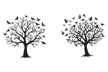 Fototapeta premium black bare scary tree silhouette and flock of flying bird create with AI technology 