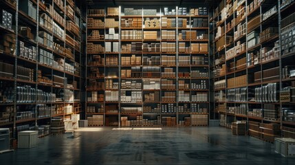 A large warehouse interior with tall shelves stacked with various boxes and goods, bathed in soft lighting.