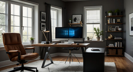 A stylish home office setup, emphasizing ergonomic furniture, modern décor, and a productive atmosphere. Include both wide shots and detail views
