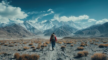 Naklejka premium Young Man Trekking Through Rugged Terrain in Ladakh
