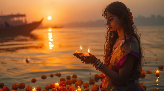 Young Woman Participating in Aarti Ceremony by Ganges River at Sunrise

