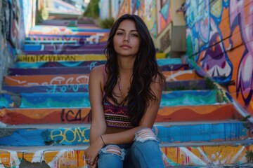 Naklejka premium Young Woman Sitting on Colorful Street Art Staircase in Valparaíso