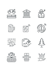 Analyst, Bank, Beer, Binar code, Bluetooth speaker, Gaming console, Goal, set of icons, vector illustration