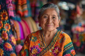 Middle-Aged Woman Selling Handmade Textiles in San Cristóbal de las Casas Market

