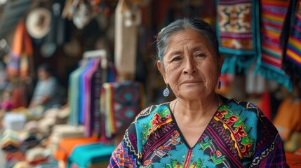 Obraz premium Middle-Aged Woman Selling Handmade Textiles in San Cristóbal de las Casas Market