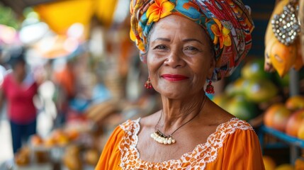 Middle-Aged Woman in Traditional Bahian Dress at Lively Street Market in Salvador

