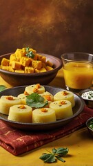 Popular Indian dish Traditional Food Sev Khaman Dhokla Served With Green Chutney & Chilli